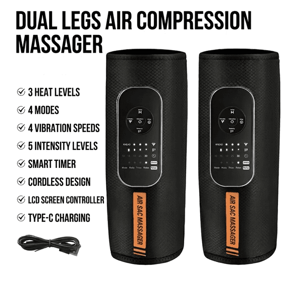 Air Compression Calf and Foot Massager with Heat, Rechargeable Sequential Lower Leg Wrap with Adjustable Modes & Intensities, Black, 2 Pack