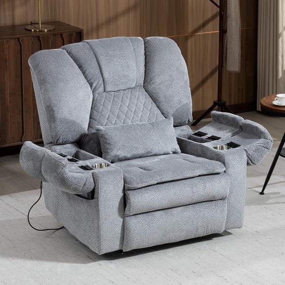 REHOUSING Adult Velvet Massaging and Heat Recliners with Arm Storage and Cup Holders, Gray