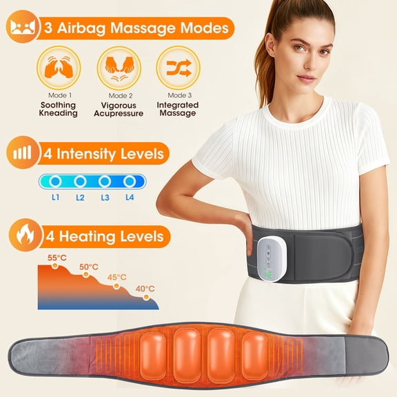 Air Compression Waist Massage Belt with Heat, Rechargeable Heated Lumbar Support Massager for Lower Back Pain Relief