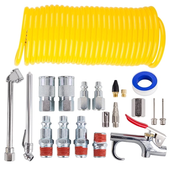 Air Compressor Accessory Kit, 1/4 inch NPT Air Tool Kit with 25 ft Coil Nylon Hose/Blow Gun/Tire Gauge - 20 Pieces