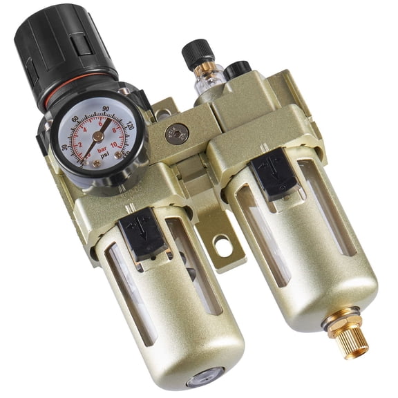 Air Compressor FRL Unit 3/8 NPT Water Separator Semi Auto Drain System 5 Micron Brass Filter 145 PSI Max Pressure Polycarbonate Bowl