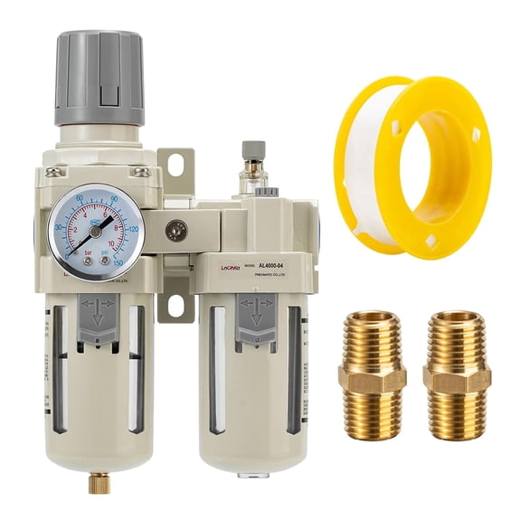 Industrial Air Compressor Filter Regulator Lubricator (FRL) Unit - 1/2 NPT Oil Water Separator with Pressure Gauge & Semi-Auto Drain for Pneumatic Systems