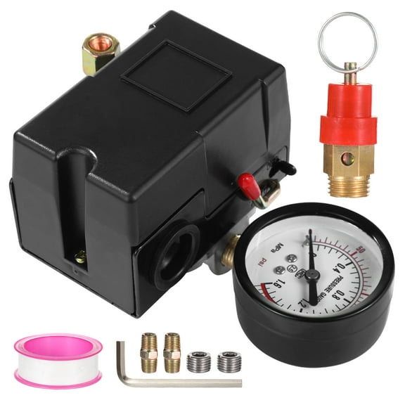 Air Compressor Pressure Control Valve, 1/4" Air Compressor Pressure Switch Assembly, 90-120 PSI, Includes Accurate Pressure Gauge & Safety Relief Valve, Automatic On/ Off Control