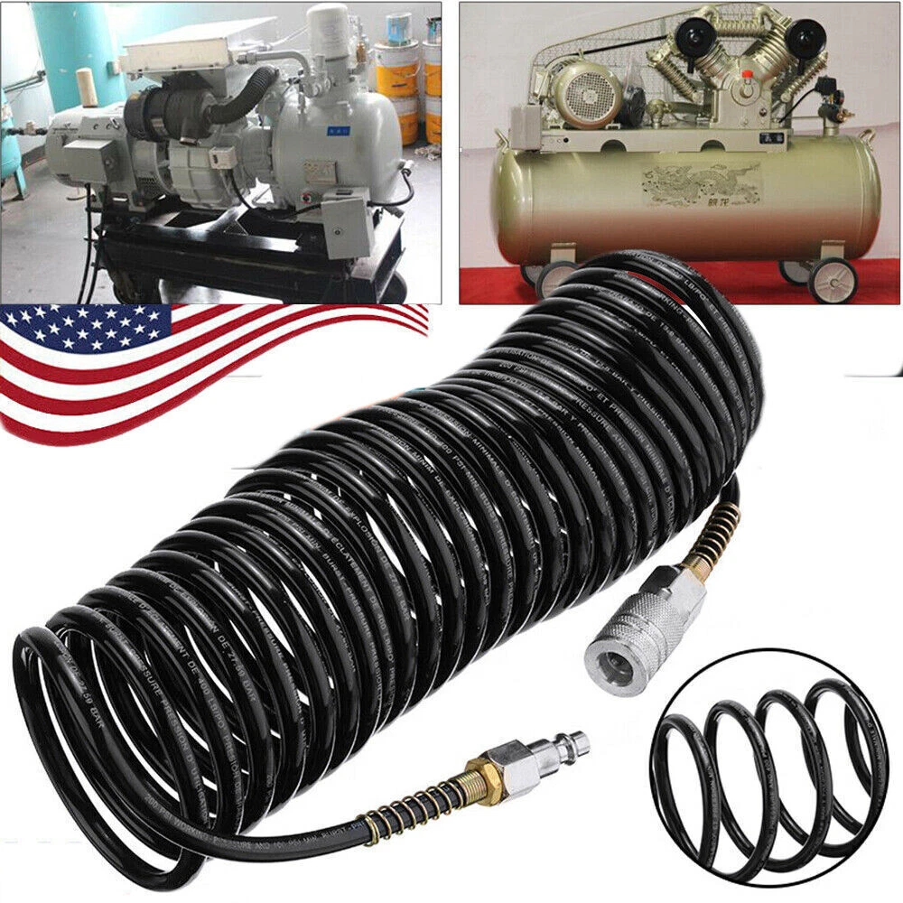 Air Compressor Recoil Hose Line Spring Ends Pneumatic Tube Tools 25Ft 1 ...