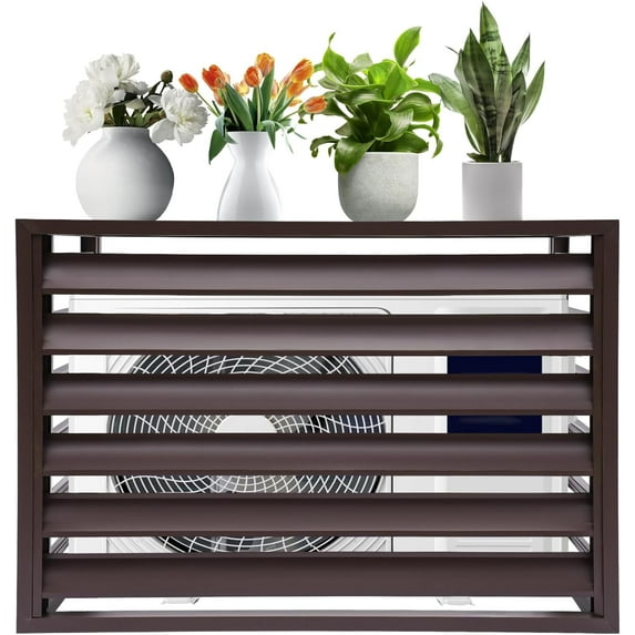 Air Conditioner Fence Screen Outdoor, Aluminum Air Conditioner Privacy Cover, Freestanding Louvered Space Divider (Coffee 39.3”L x 19.6" W x 27.5" H)