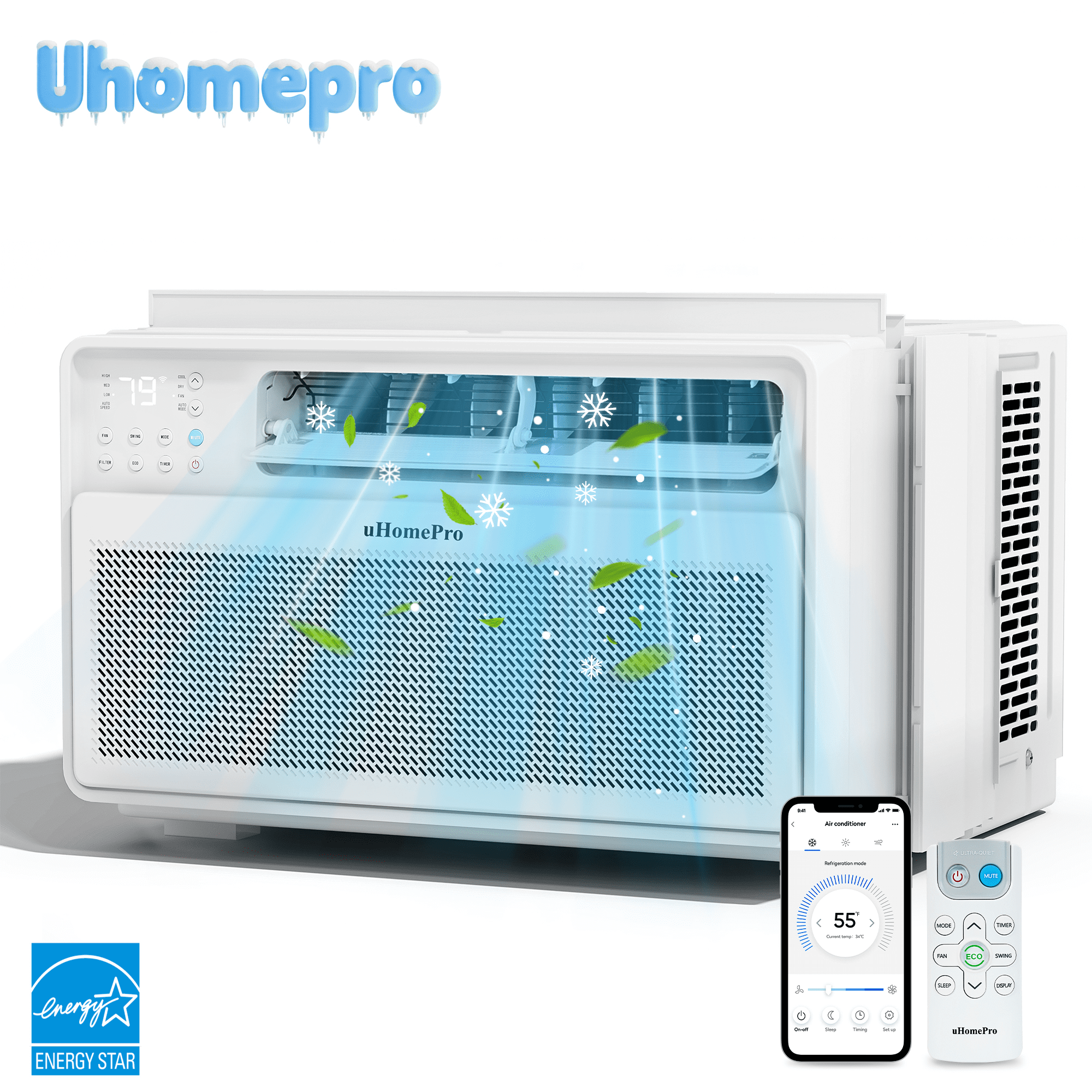 12,000 BTU Portable Window Air Conditioner w/ 4 Modes - Cools up to 550 Sq. Ft, Uhomepro Air Conditioners w/ Washable Filter & Adjustable Window Fit, Energy Saving 38%