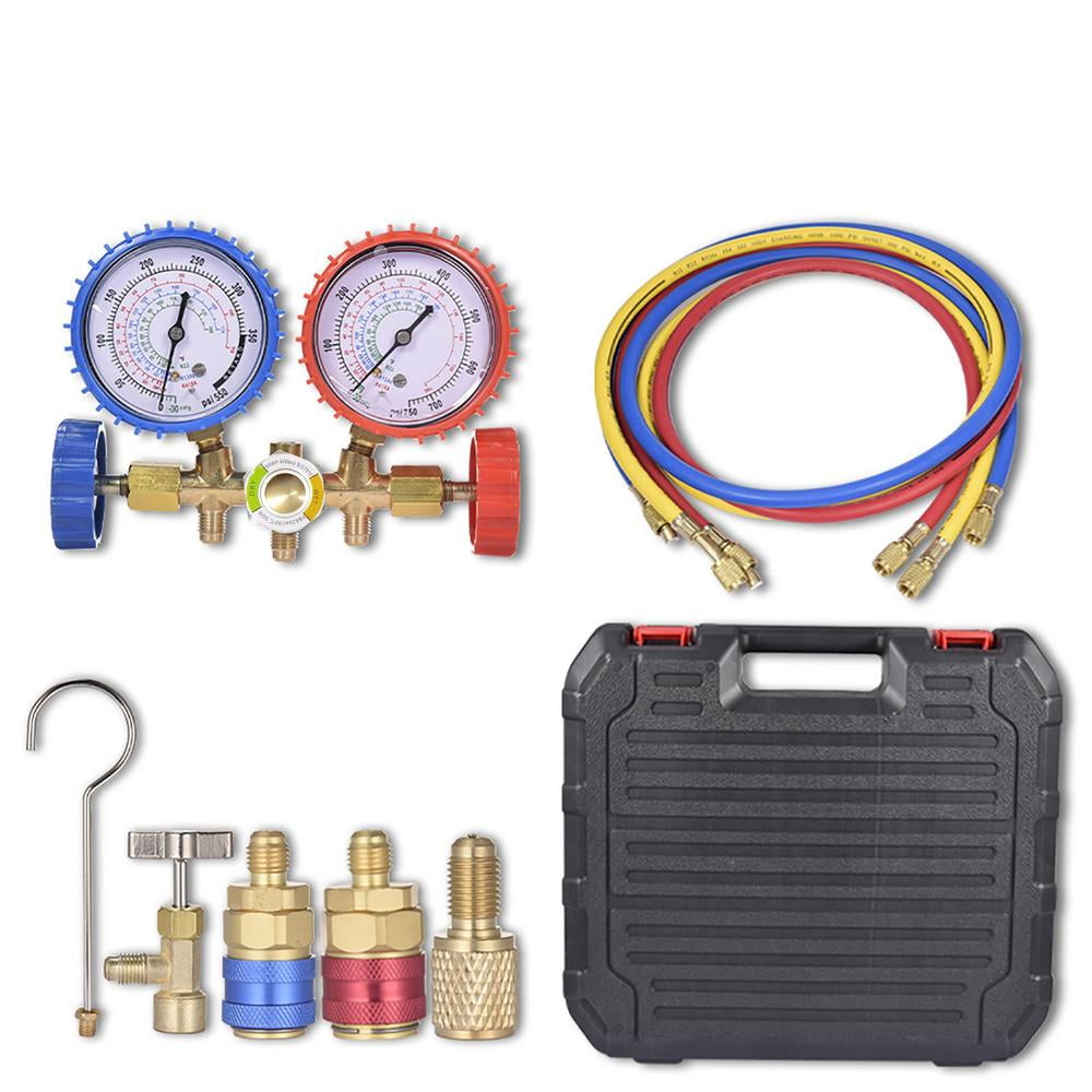 Air Conditioning Gauges R134A Manifold Gauge Set 3 Way Auto AC Gauges with Hoses Adapters for