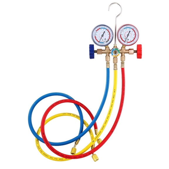 Air Conditioning Pressure Gauge with Hose and Hook 3 Way AC Diagnostic Manifold Gauge for Freon for R12 R22 R404A R134a