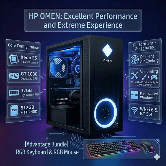 i7 Xeon E5 RGB Gaming & Productivity Desktop PC, GT 1030 GPU, 32GB RAM,512GB SSD, 1TB HDD, Wifi 6, BT5.4, RGB KB & Mouse, Windows 11