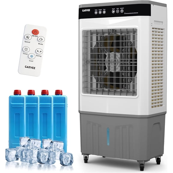 Air Cooler 3000 CFM Evaporative Air Cooler with 8.4Gal Water Tank, 4 Ice Packs, 3-Speed, 120° Oscillation, Remote Control and 12H Timer, 80W Portable Floor Standing Fan for Workshops, Garage