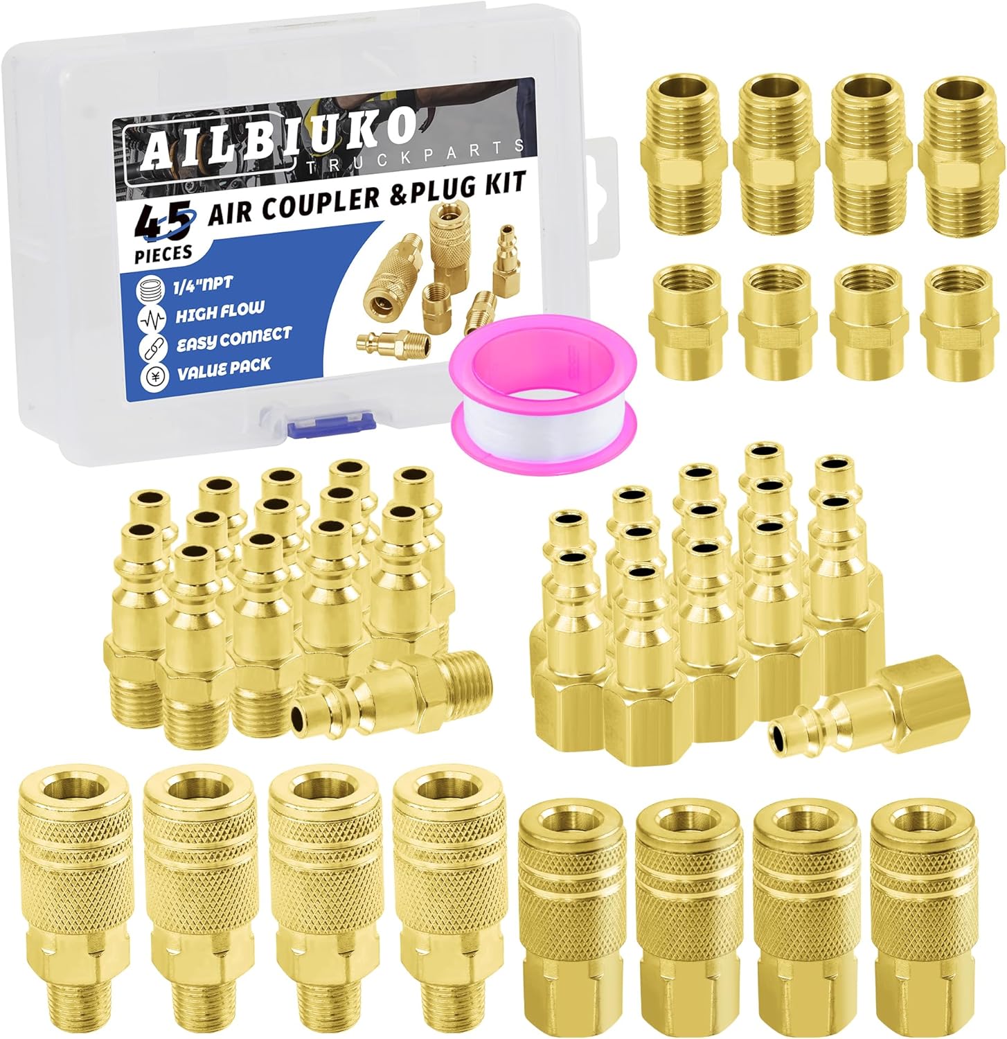 Air Coupler & Plug Kit,45 Pcs 1/4" NPT Air Tool Fittings Set,Quick ...