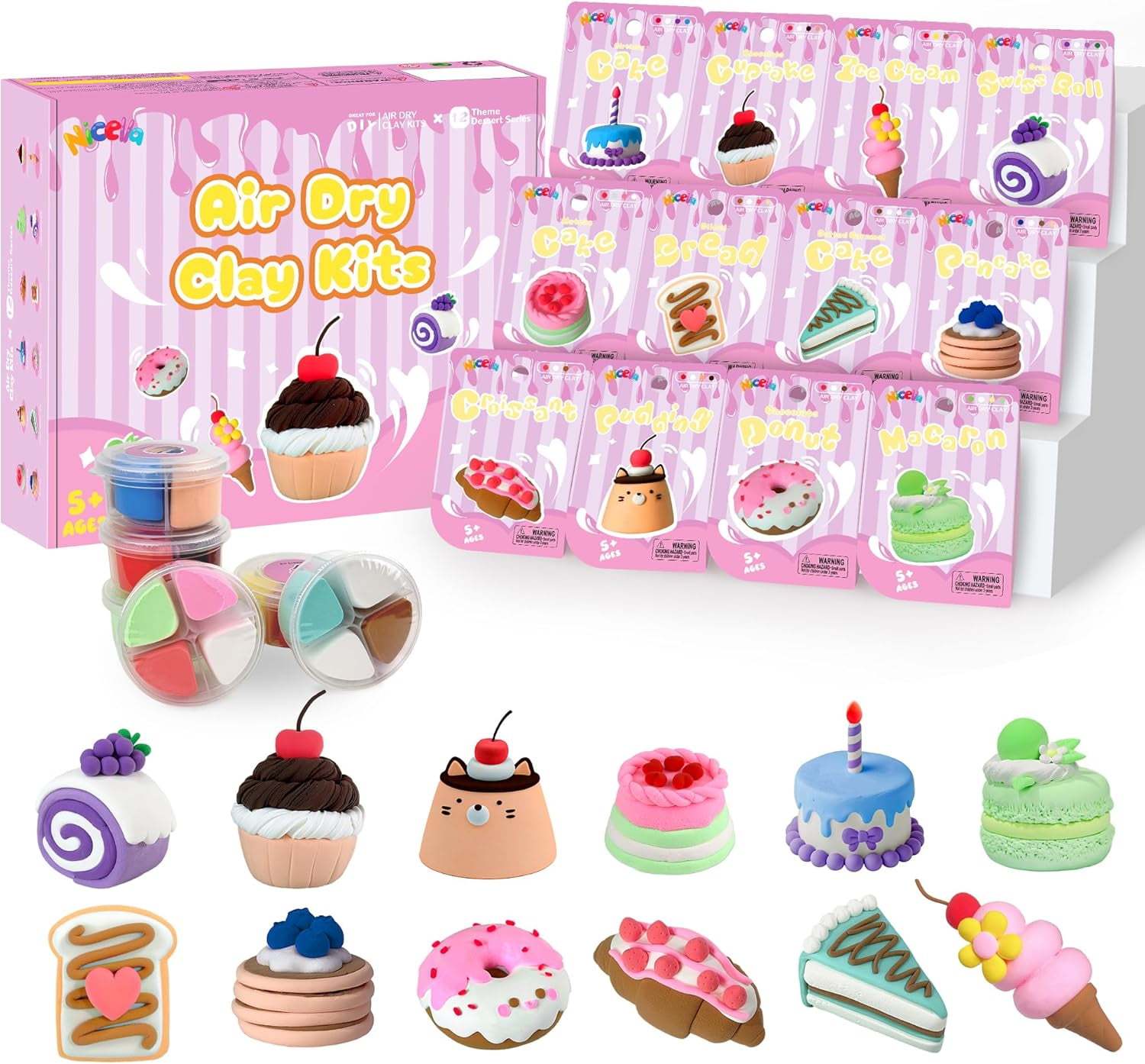 Nicella Air Dry Clay for Kids-12 Cake Modeling Clay , Molding Clay with Sculpting Tools & Tutorials, Ultra Light & Safe, DIY Arts and Crafts Gift for Girls Boys Ages 3+