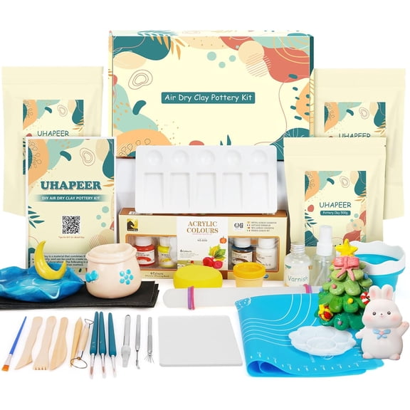 Air Dry Clay Kit for Adults, Pottery Set for Beginners with Clay, Sculpting Tools, Varnish, Pottery Paint, Step-by-Step Guide & Video, Gift for Arts Crafts Lover