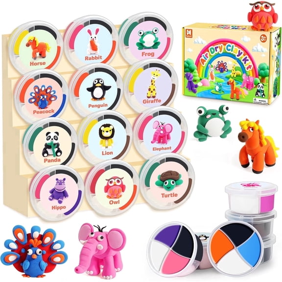 Air Dry Clay Kit for Kids, 12 Animals Modeling Clay with Tutorial Cards & Video, 8 Sculpting Tools, Ultra Light, Safe & Non-Toxic, Arts and Crafts Toys Easter Gifts for Boys Girls