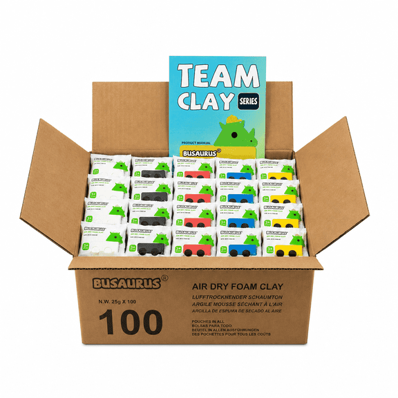 BUSAURUS Air Dry Foam Clay, 100 Pack, 5 Classic Colors, 25g Individually Wrapped Pouches for Kids