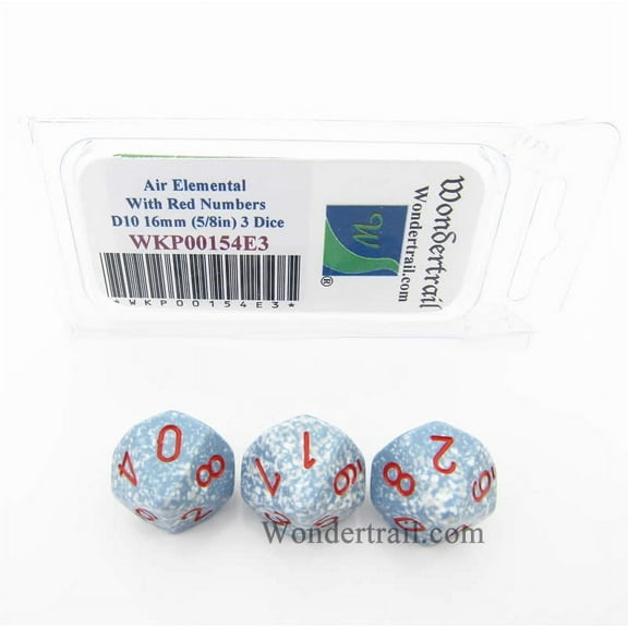 Air Elemental Dice with Red Numbers D10 Aprox 16mm (5/8in) Pack of 3 Wondertrail