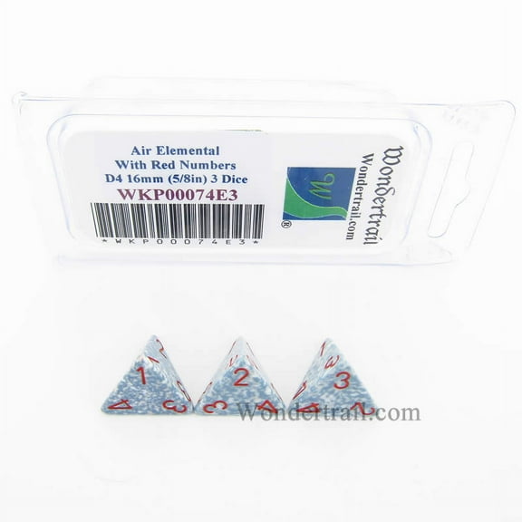 Air Elemental Dice with Red Numbers D4 Aprox 16mm (5/8in) Pack of 3 Wondertrail