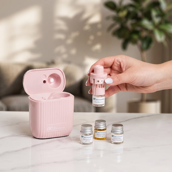 Air Esscentials AoraMist Pink Personal Scent Diffuser Mindful Living Collection, Travel Diffuser, Air Freshener, Portable Diffuser, four 5 mL fragrance oil bottles
