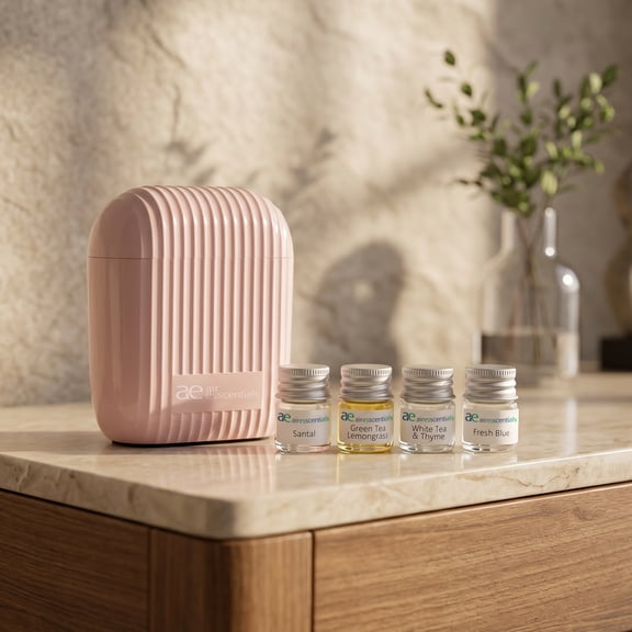 Air Esscentials AoraMist Pink Personal Scent Diffuser Signature Collection, Travel Diffuser, Air Freshener, four 5mL fragrance oil bottles
