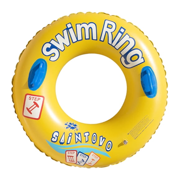 Air-Filled Adult Swim Ring for Men and Women, 35-Inch (90cm) Yellow Letter Print Armpit Float Ring with Handles for Pool and Beach