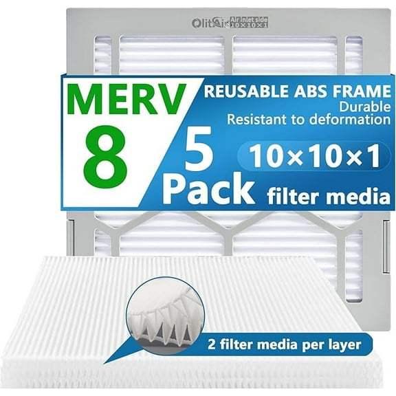 Air Filter - Furnace/HVAC, 10x10x1, MERV 8 - 5-Pack, Reusable ABS Frame - Pleated PET/PP