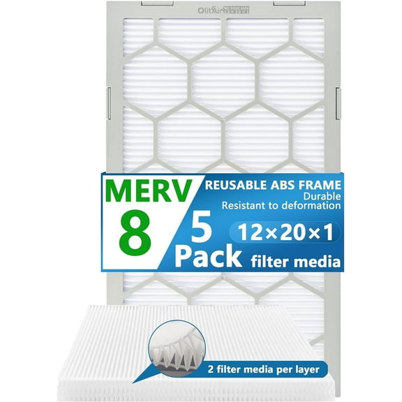 Air Filter - Furnace/HVAC, 20x12x1, MERV 8 - 5-Pack, Reusable ABS Frame - Pleated PET/PP