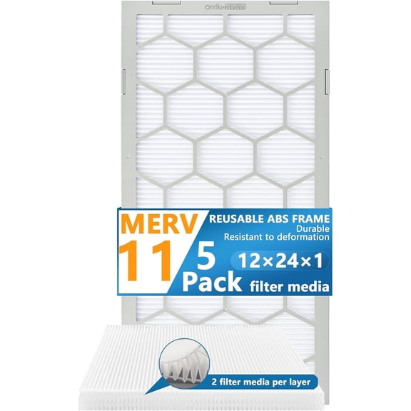 Air Filter -  Furnace/HVAC, 24 x 12 x 1, MERV 11 - 5-Pack W/Reusable ABS Frame