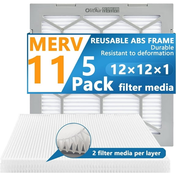 Air Filter - Furnace/HVAC, 12x12x1, MERV 11 - 5-Pack, Reusable ABS Frame - Pleated PET/PP