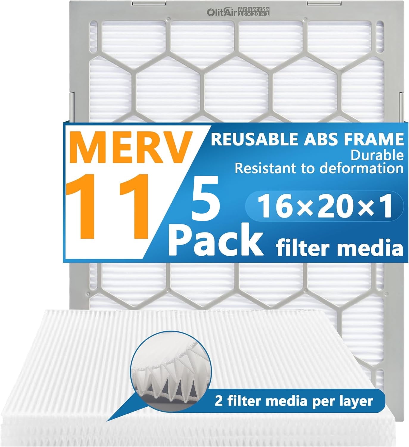 Air Filter - Furnace/HVAC, 20x16x1, MERV 11 - 5-Pack, Reusable ABS Frame - Pleated PET/PP