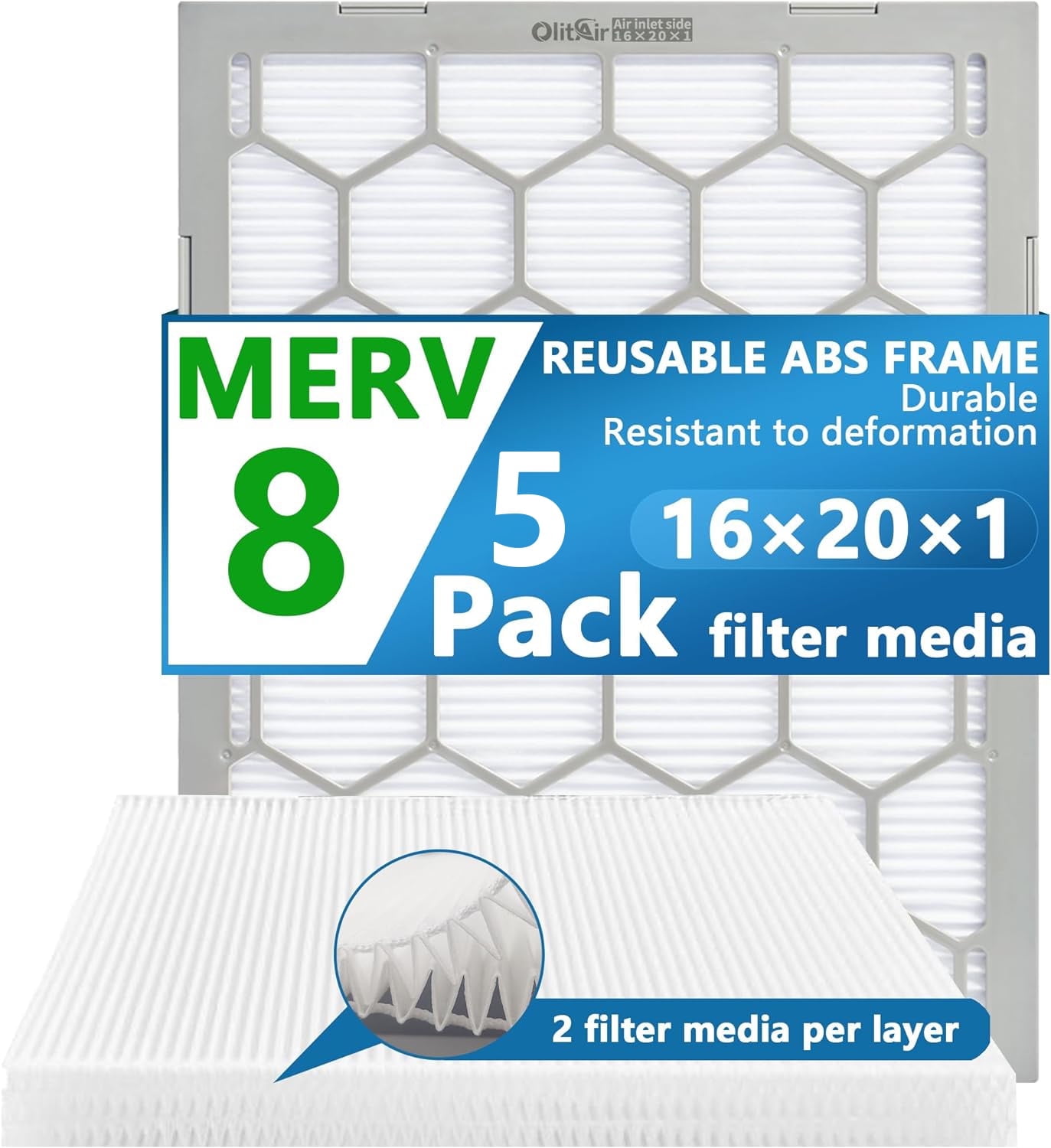 Air Filter - Furnace/HVAC, 20x16x1, MERV 8 - 5-Pack, Reusable ABS Frame - Pleated PET/PP