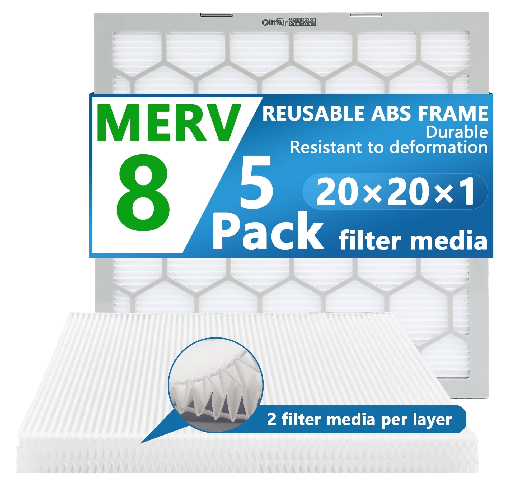 Air Filter - Furnace/HVAC, 20x20x1, MERV 8 - 5-Pack, Reusable ABS Frame - Pleated PET/PP