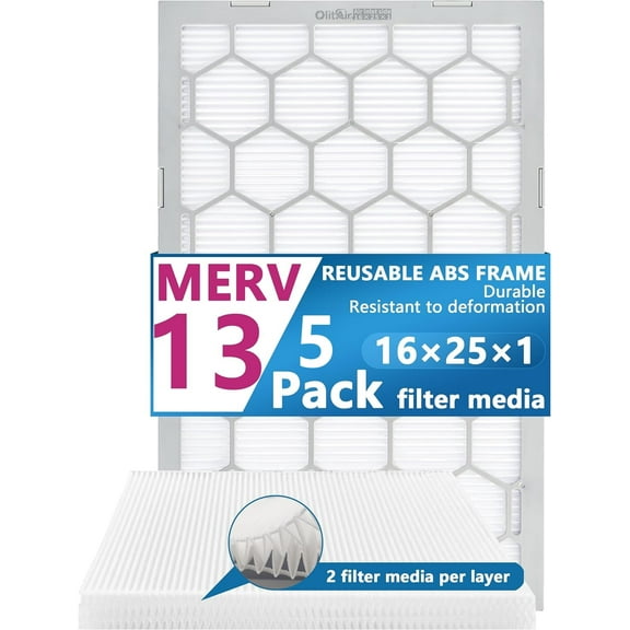 Air Filter - Furnace/HVAC, 25x16x1, MERV 13 - 5-Pack, Reusable ABS Frame - Pleated PET/PP
