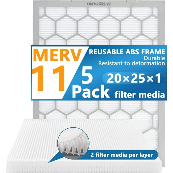 Air Filter - Furnace/HVAC, 25x20x1, MERV 11 - 5-Pack, Reusable ABS Frame - Pleated PET/PP