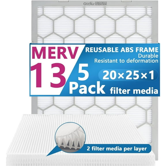 Air Filter - Furnace/HVAC, 25x20x1, MERV 13 - 5-Pack, Reusable ABS Frame - Pleated PET/PP