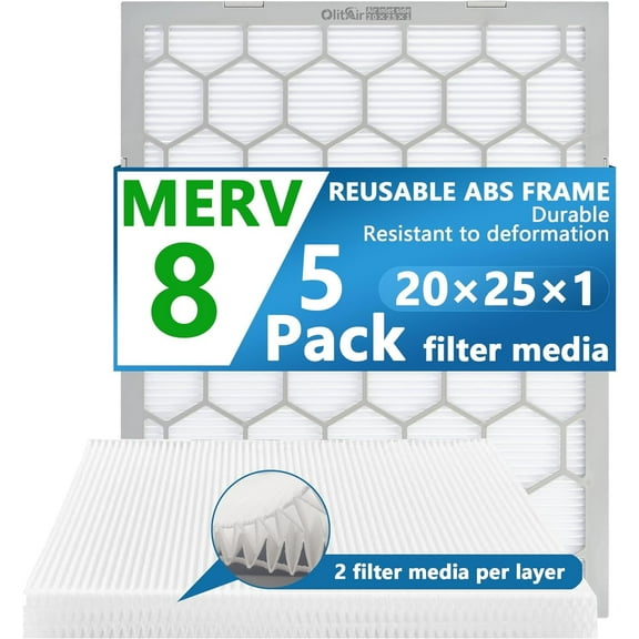 Air Filter - Furnace/HVAC, 25x20x1, MERV 8 - 5-Pack, Reusable ABS Frame - Pleated PET/PP