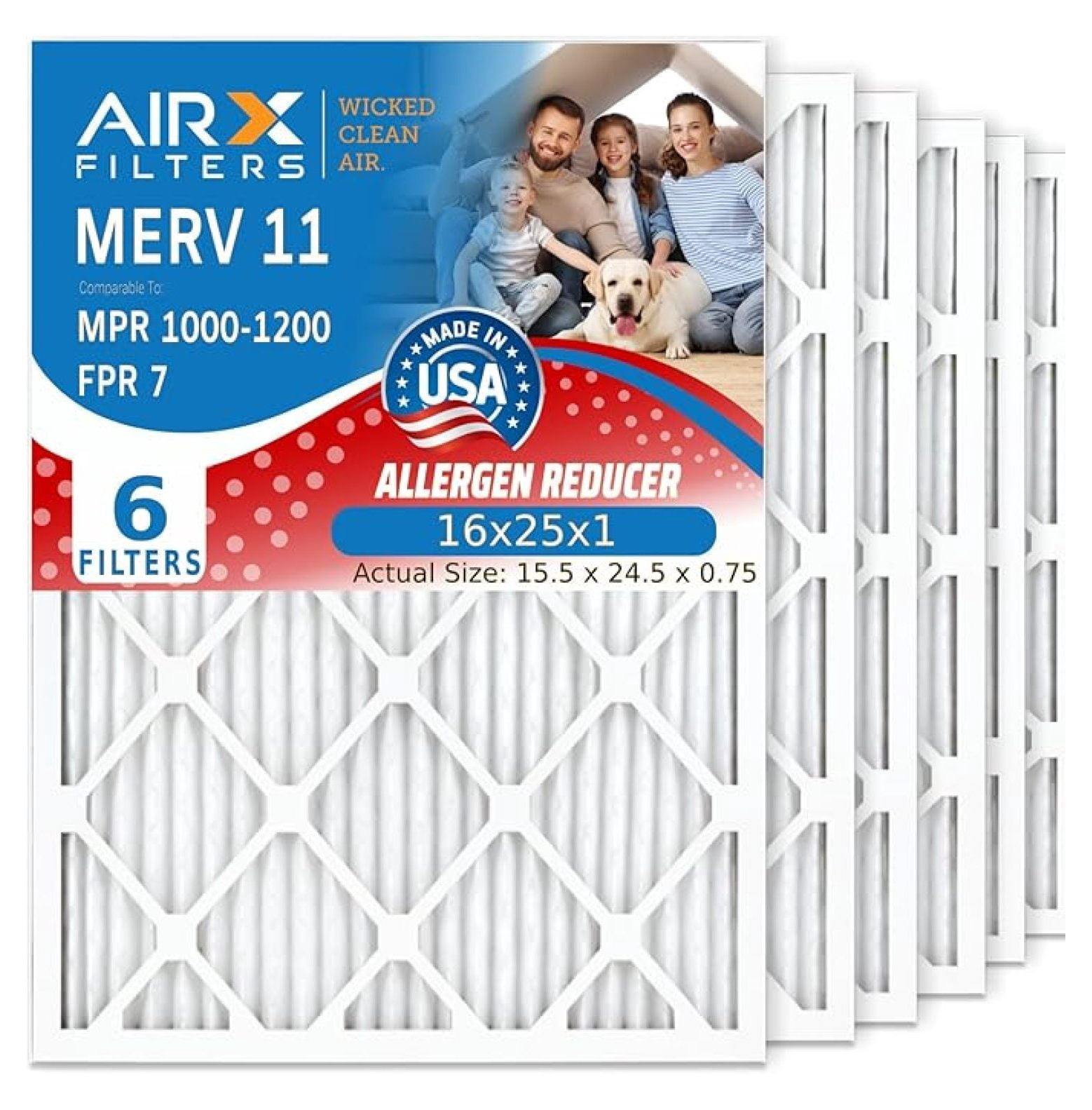Air Filters 16x25x1 MERV 11 - 6 Pack HVAC Filters, Electrostatic Pleated Furnace Filter, Enhanced Air Filtration for Home & Office