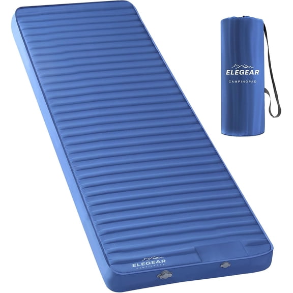 Air & Foam Camping Sleeping Pad with Built-in Foot Pump, HexaFoam Memory Foam, 4-Season R-Value 9.5, Blue, Single Size