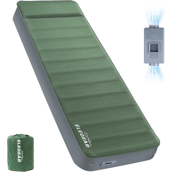Air & Foam Self-Inflating Sleeping Pad with Built-in Electric Pump, 4-Inch Ultra-Thick 26D Hollow-Cell Memory Foam, Built-in Pillow, Army Green, Single