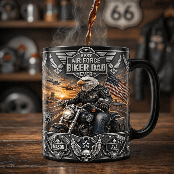 Air Force Biker Dad Magic Mug, Personalized Bald Eagle Dad Gift for Fathers