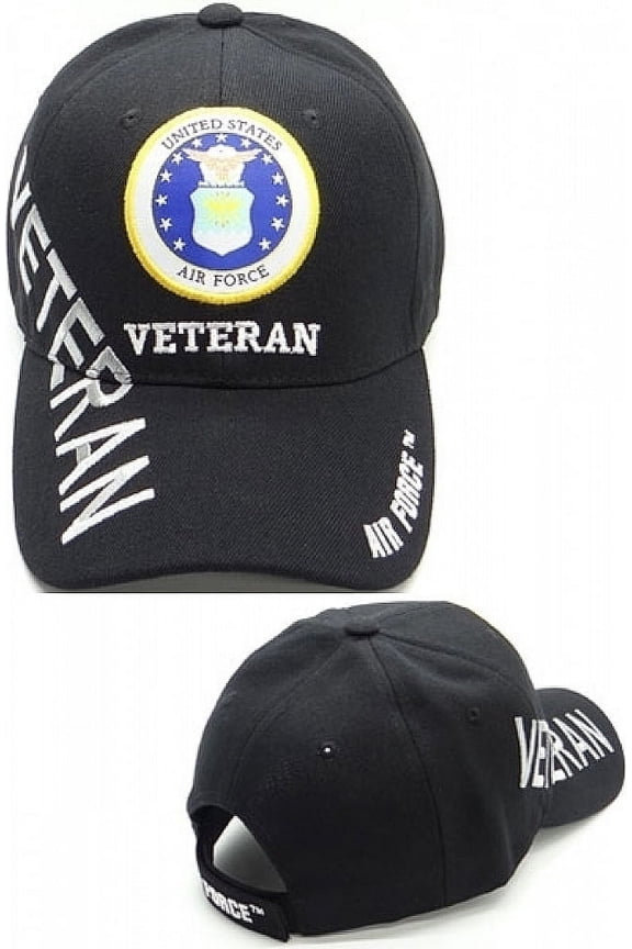Air Force Emblem Veteran Shadow Text Mens Cap [Baseball Cap - Black - Adjustable]