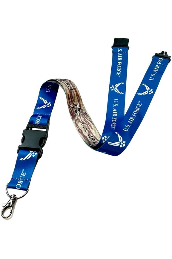 Air Force Lanyard for ID Badges - Safety Breakaway & Detachable Buckle Keychain Clip - Double Sided, Reversible with US Airforce Blue & Camouflage - USAF Wings & Camo Design - Specialist ID