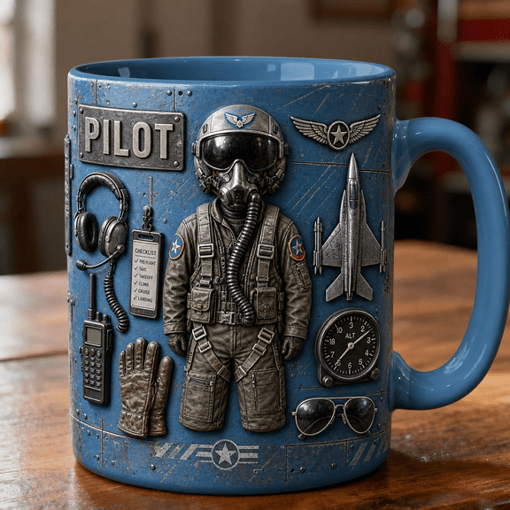 Air Force Pilot Mug 3D Effect Sky Blue Aviator Gear Coffee Cup Gift