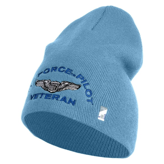 Air Force Pilot Veteran Symbol Embroidered 8 Inch Solid Knit Short Beanie Made in USA - Carolina Blue OSFM