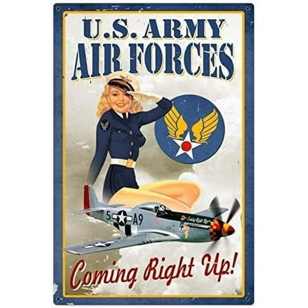 Air Force Pin Up Girl Tin Signs - Vintage Style Metal Signs As Wall Decor, Decorative Retro Coffee Bar Sign, 8 x 12 inches
