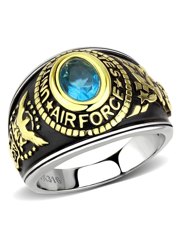 Air Force Ring Class Ring for Men and Women Unisex Stainless Steel Military in Black and Gold with Blue Aquamarine Stone Rock