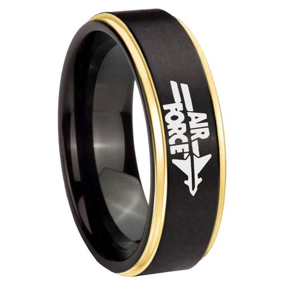 Air Force Step Edge Black And Gold Tungsten Men's Ring 10MM