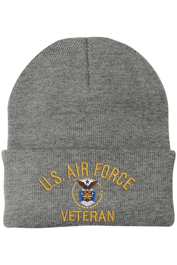 Air Force Veteran Embroidered Beanie | USAF Military Army Skull Cap Acrylic Vet Warm Winter Watch Hat (Grey)