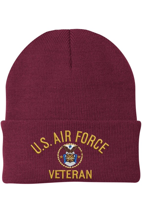 Air Force Veteran Embroidered Beanie | USAF Military Army Skull Cap Acrylic Vet Warm Winter Watch Hat (Maroon)