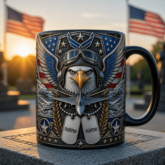Air Force Veteran Mug with Custom Dog Tags, Personalized Ceramic Coffee Mug Gift