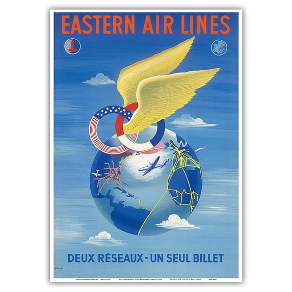 Air France - Eastern Air Lines - Deux Reseaux (Two Networks - One Single Ticket) - Vintage Airline Travel Poster by Plaquet c.1950 - Master Art Print 10in x 14in